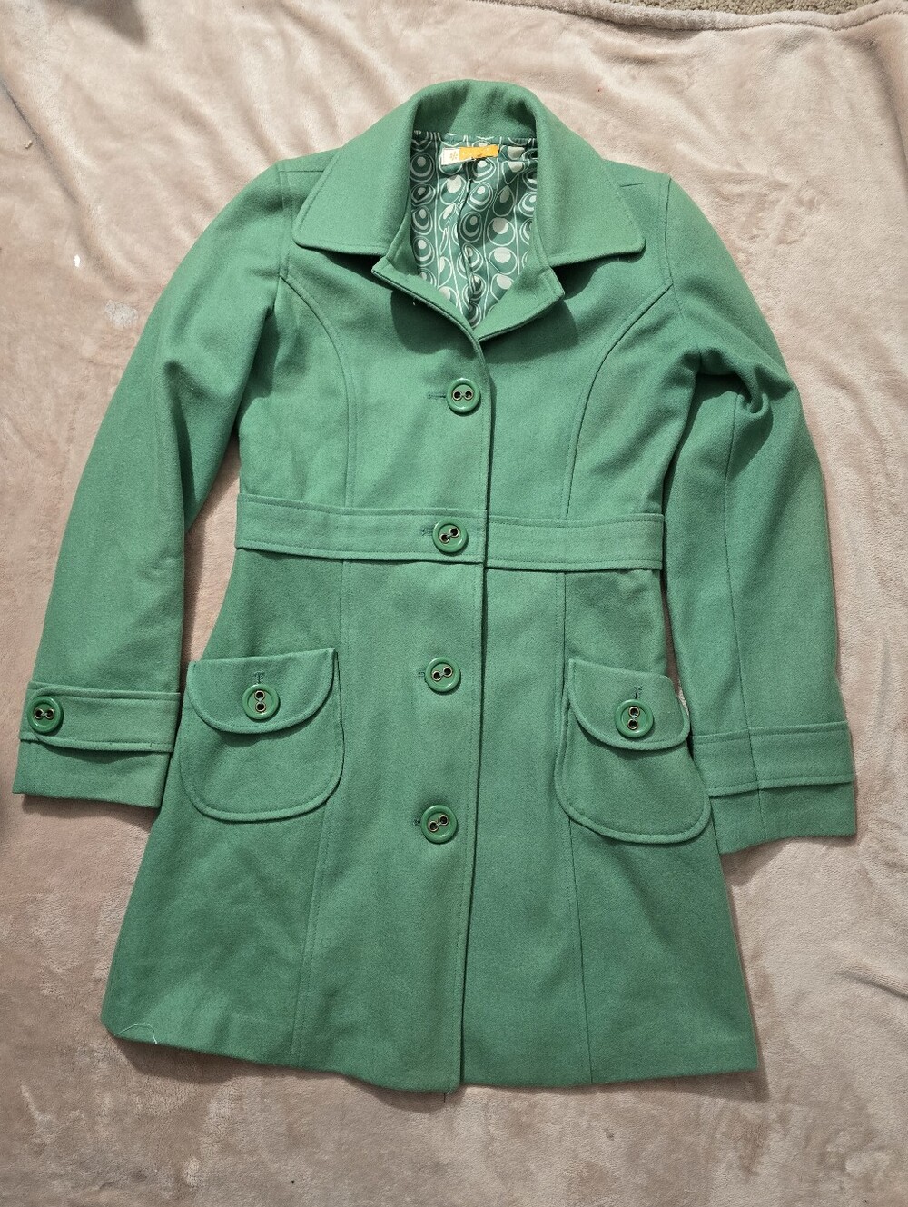 Tulle Anthropologie Pea Coat Retro 60s Fairy Wool Blend Viscose Green Small - Picture 2 of 11